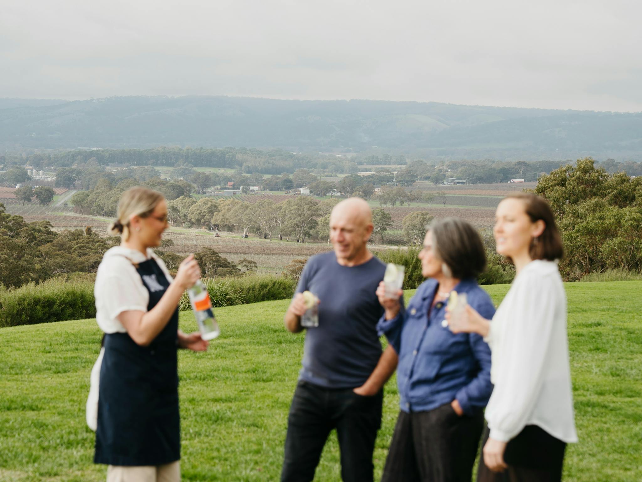 gin expert and guests standing infront of rolling hills and vineyard of mclaren vale