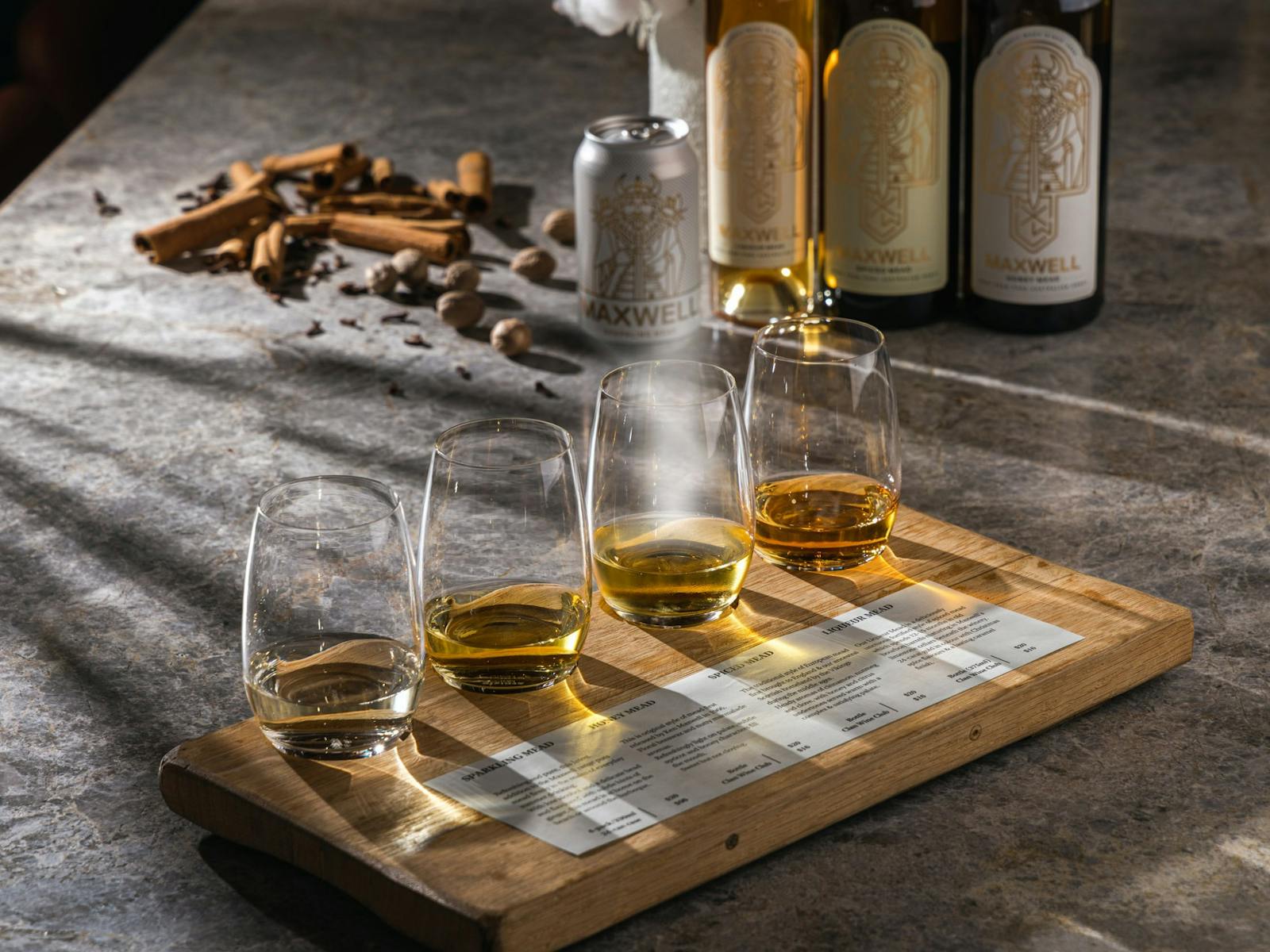 Mead Tasting Experience with four meads on a paddle