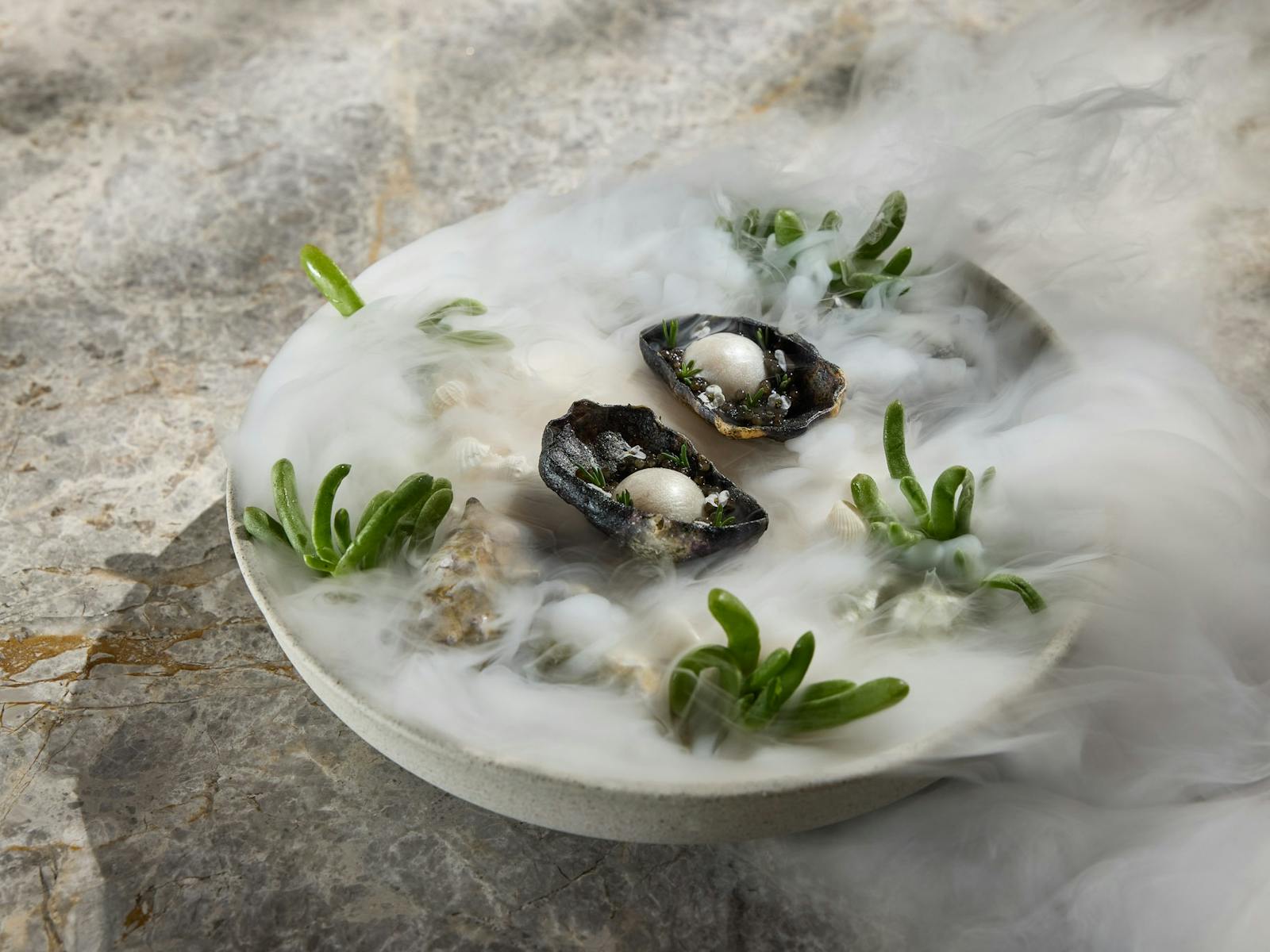 Two edible oyster shells, holding a mousse pearl, surrounded by succulents and swirling wite smoke.