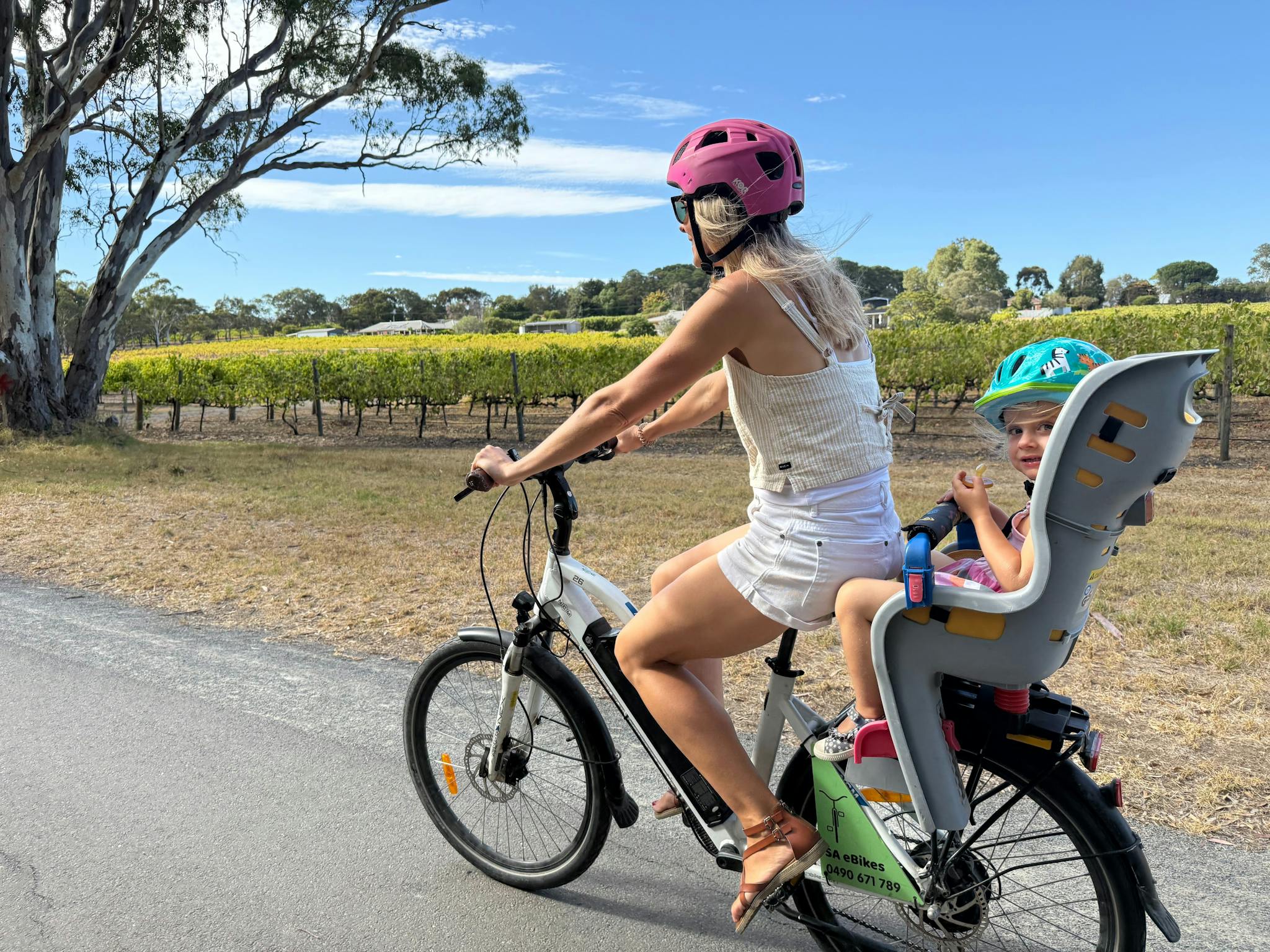 SA eBike with child seat, riding the Shiraz Trail, McLaren Vale