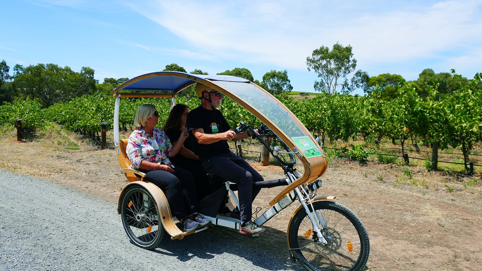 eTukTuk in McLaren Vale with a canopy providing shade on a hot day
