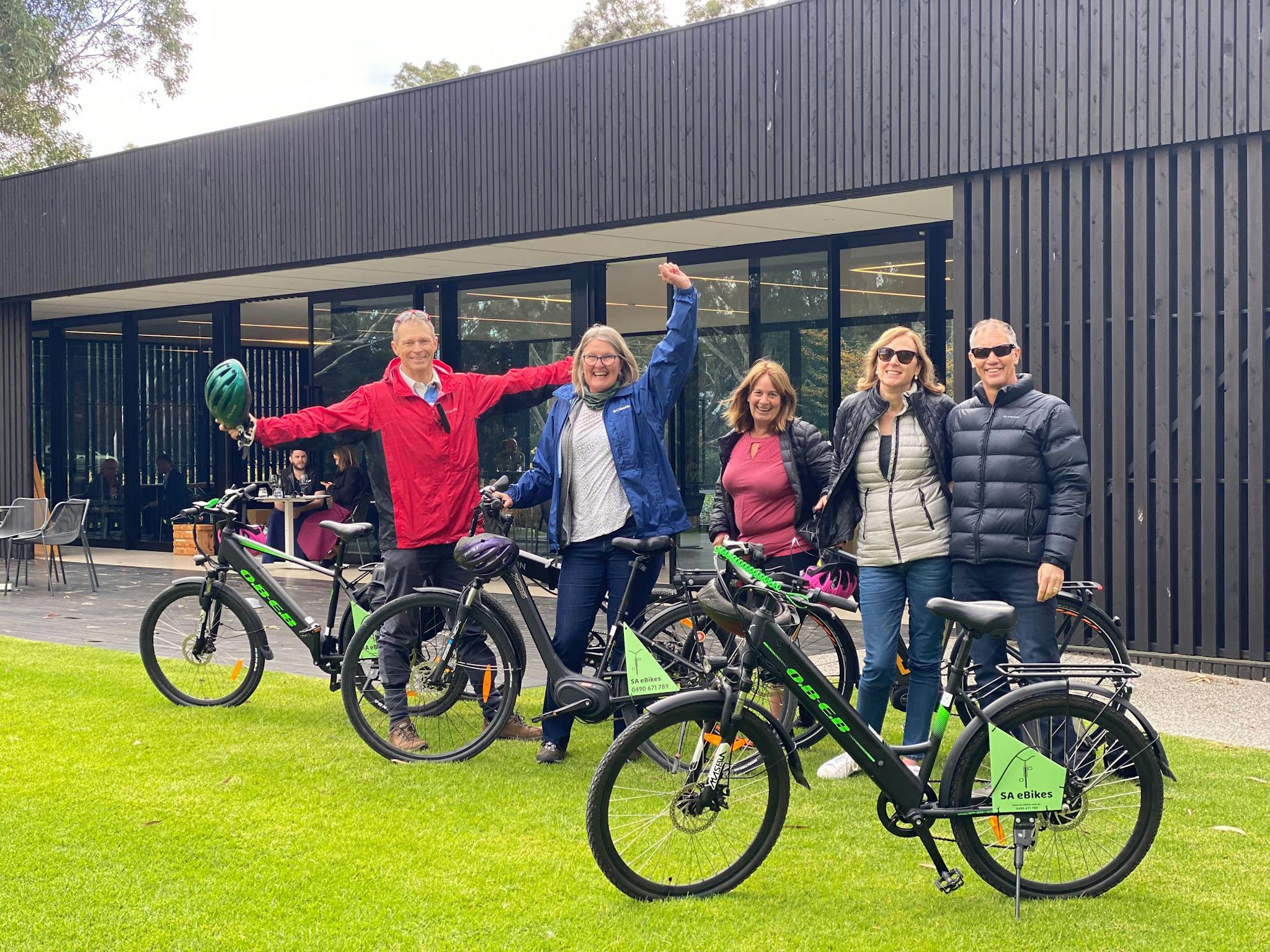 Happy group of riders with their SA eBikes at Beresford Tasting Pavilion