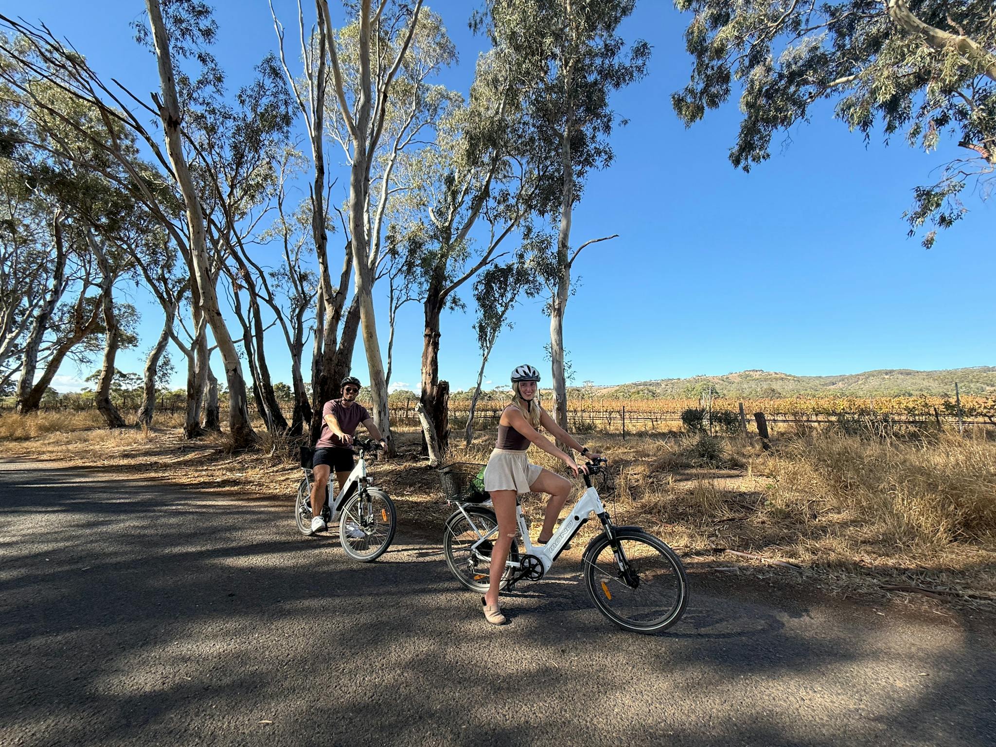 Two riders on SA eBikes, on a tree-lined backroad of McLaren Vale  with blue skies behind