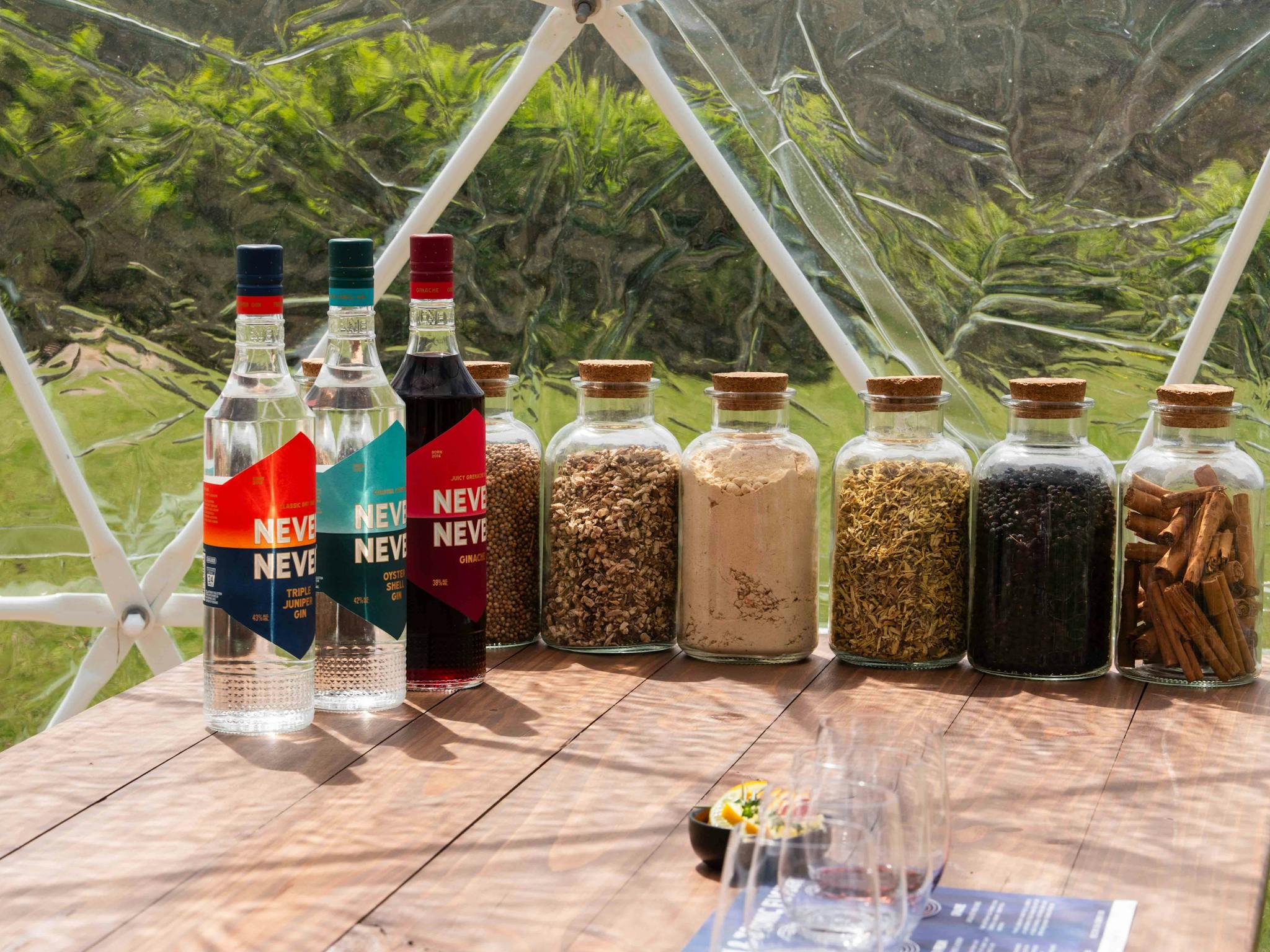 gin bottles and jars of botanicals on table inside dome