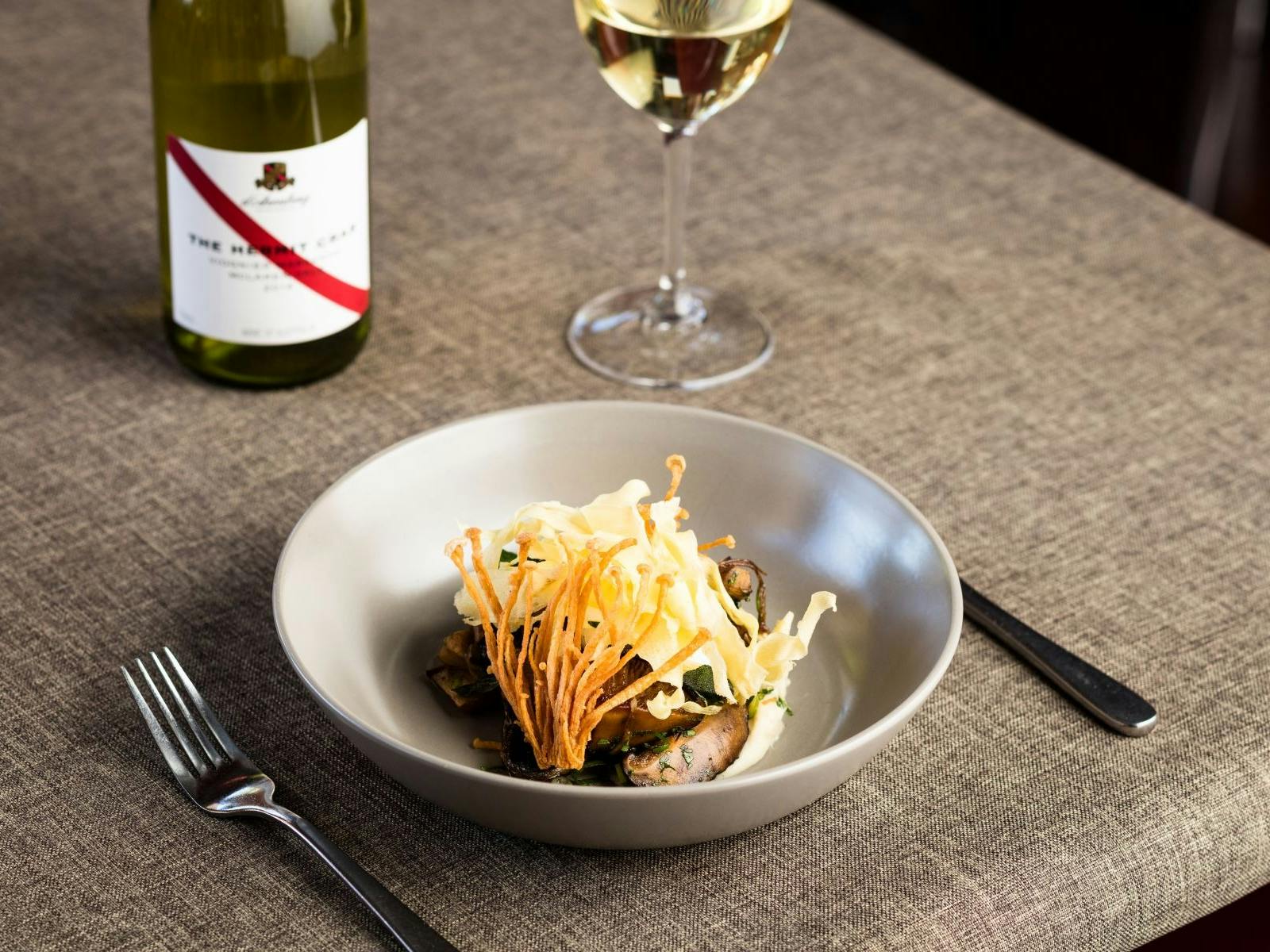 Sautéed field mushrooms and fried enoki with buttered vanilla parsnip, poached egg and toasted hazel