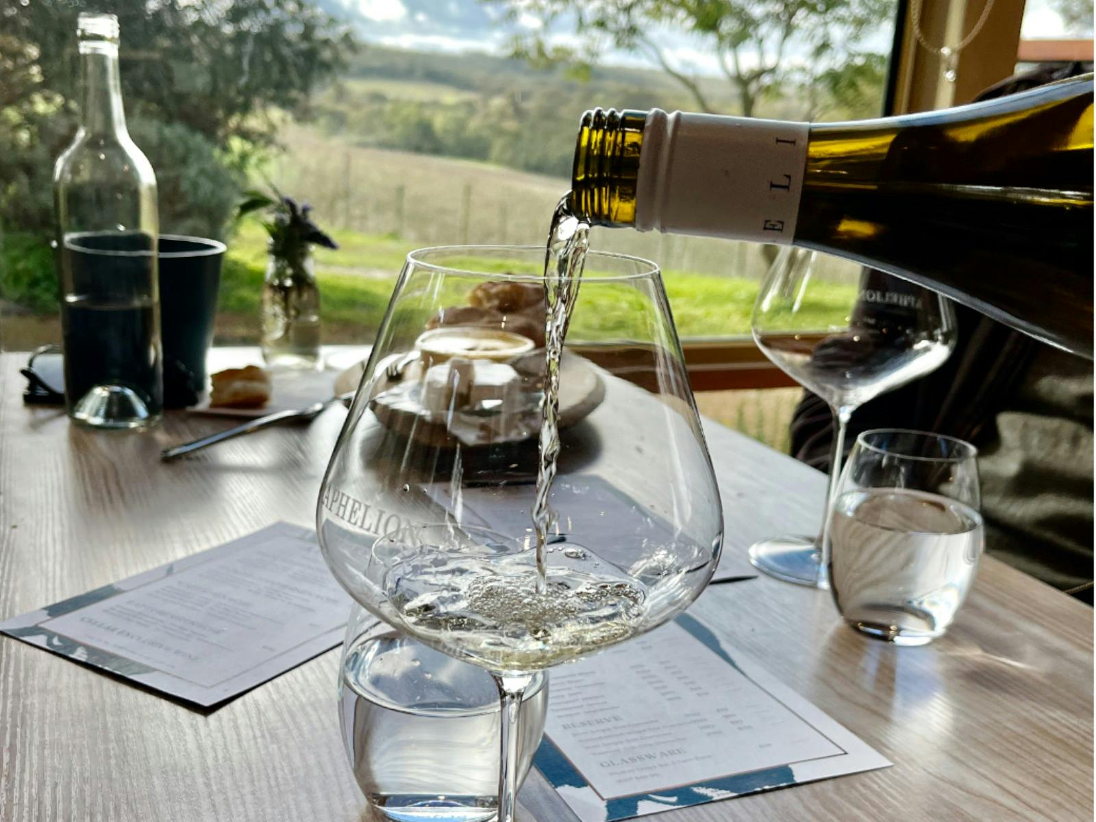 Grenache Blanc being poured into a wine glass by a window overlooking a vineyard