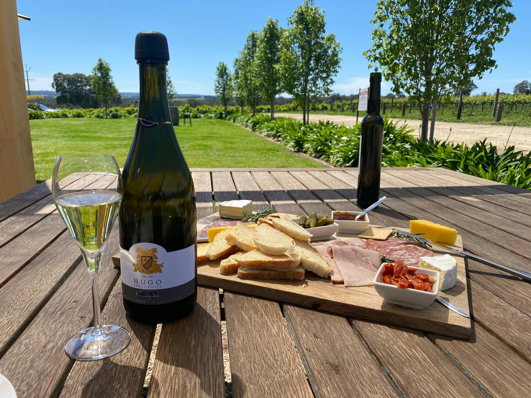 Enjoying wine and platter under the arbor at Hugo Wines, McLaren Vale