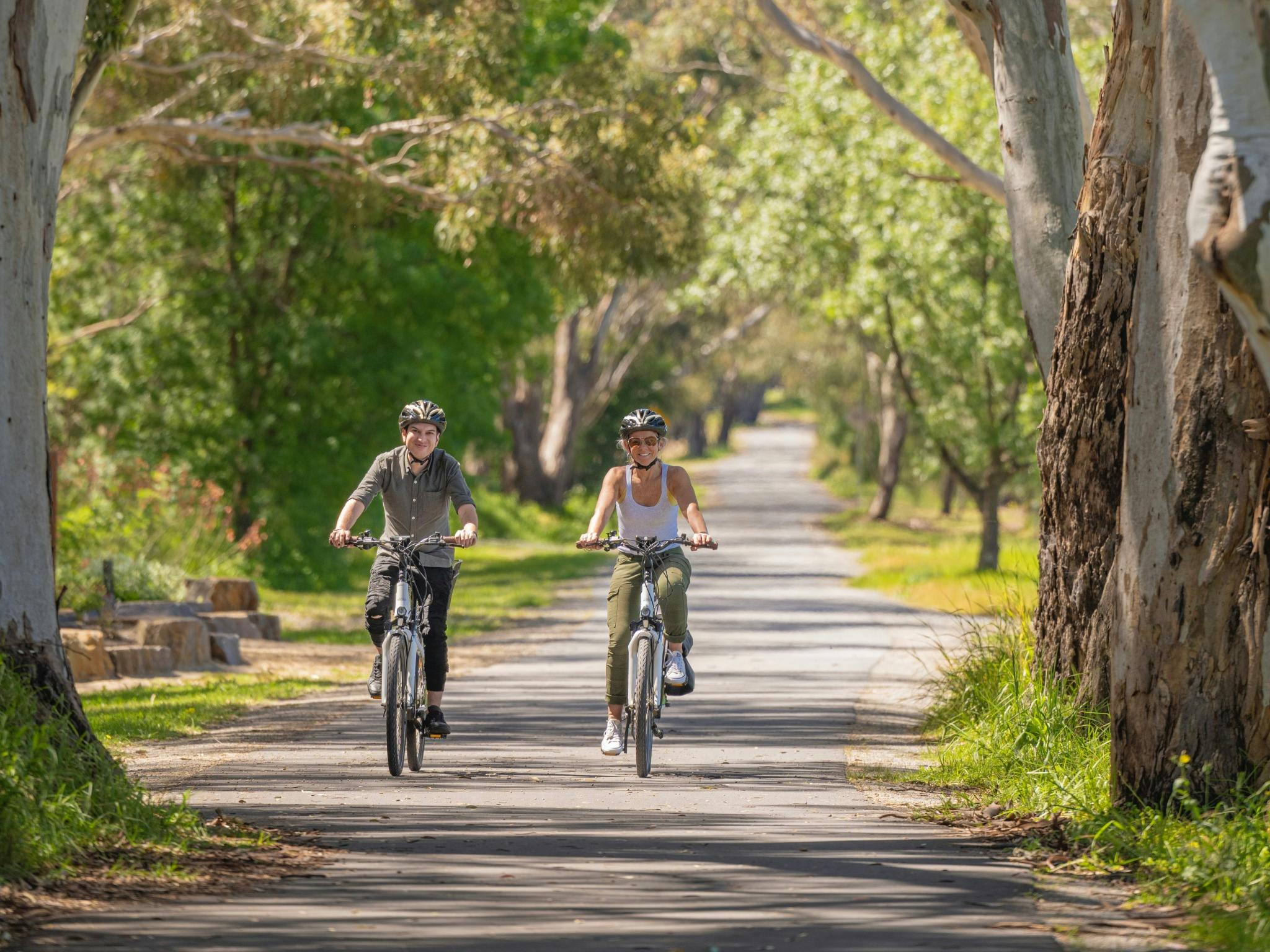 Two riders exploring tree lined bike trails in McLaren Vale on SA eBikes