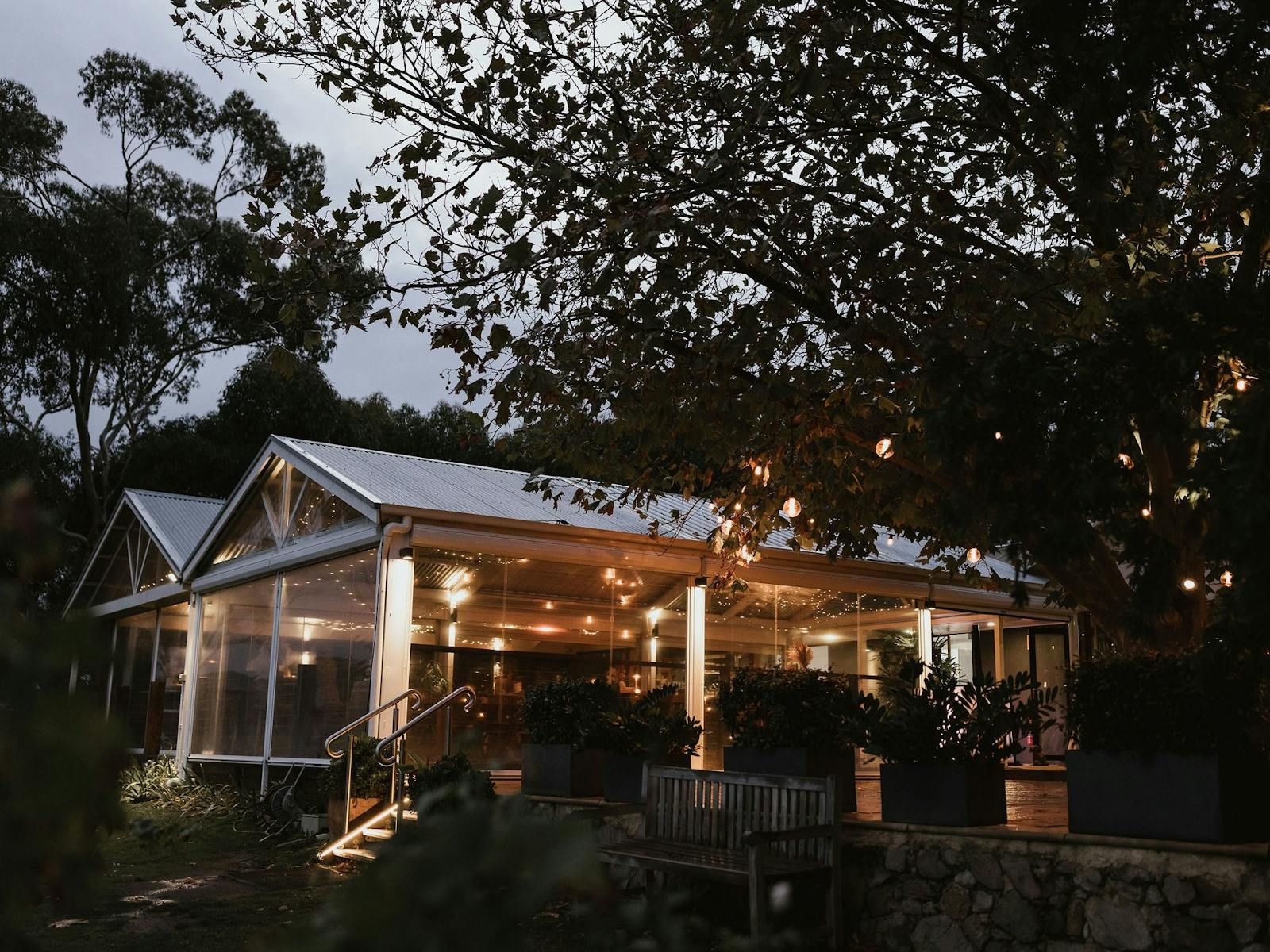 A night time view of a cellar door with fairy lights surrounded by trees.