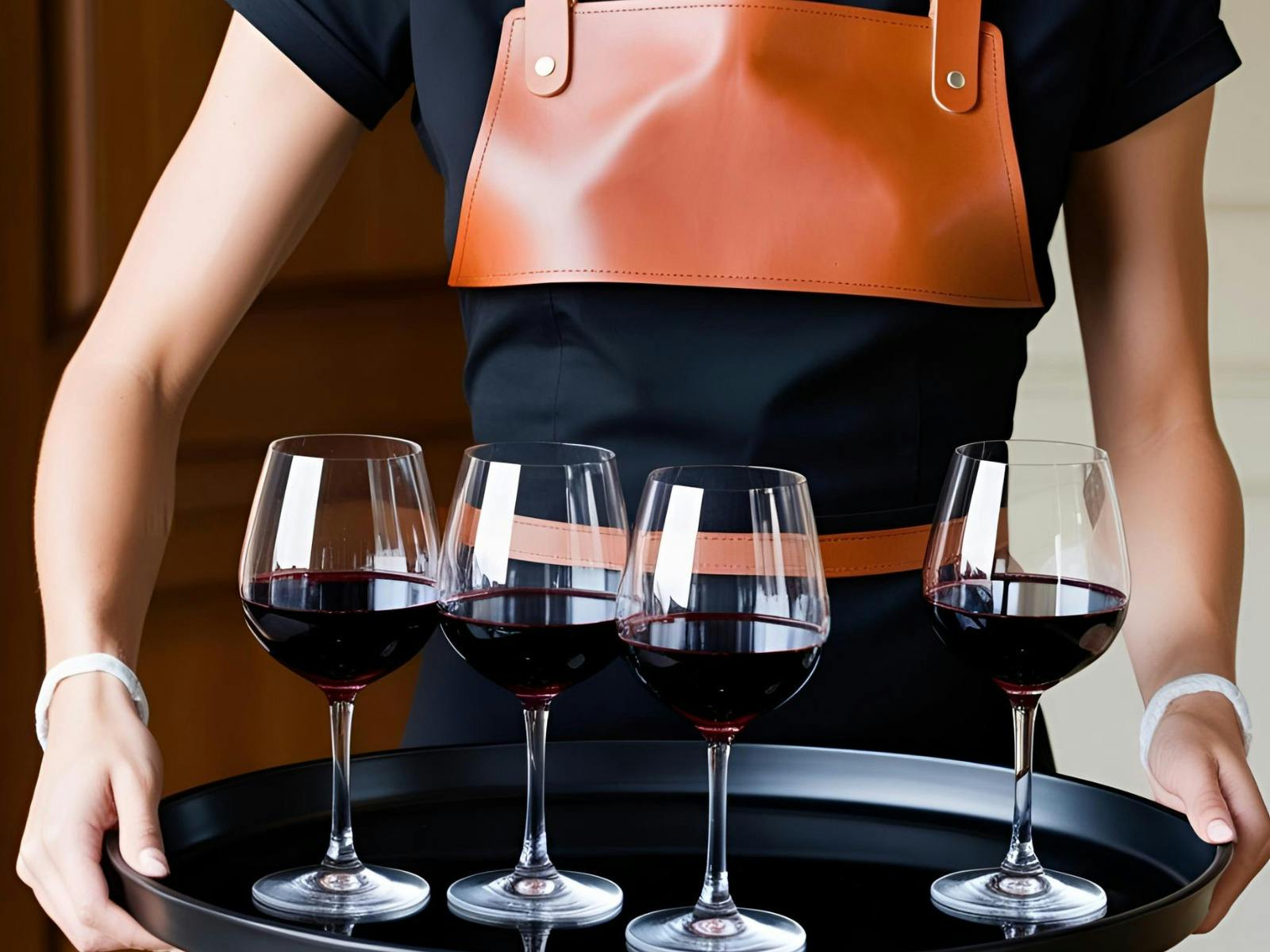 a sommelier holding a tray of four wine glasses