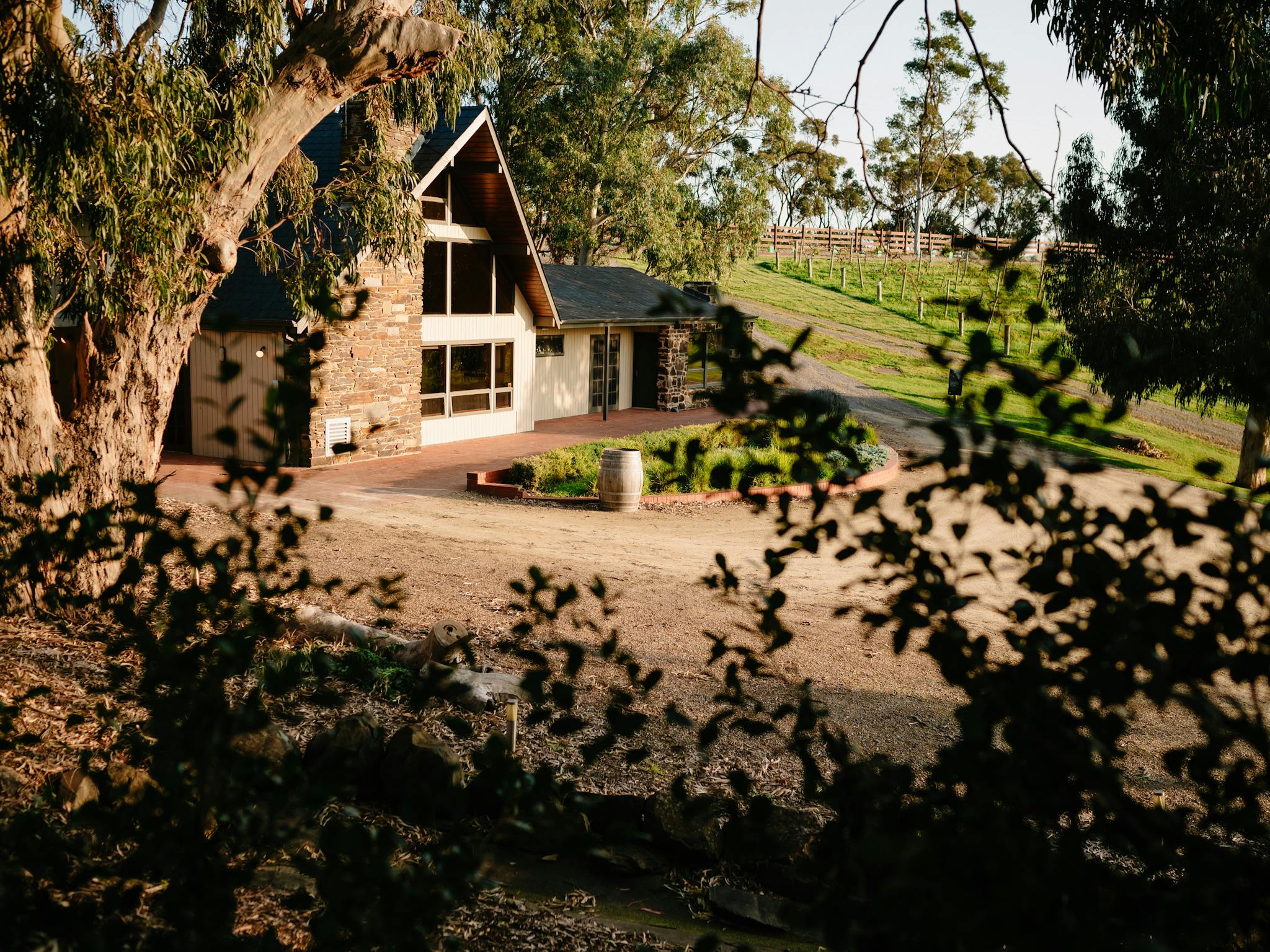 The stone Guest House at Chapel Hill, with  wall of windows looking out to the vineyard