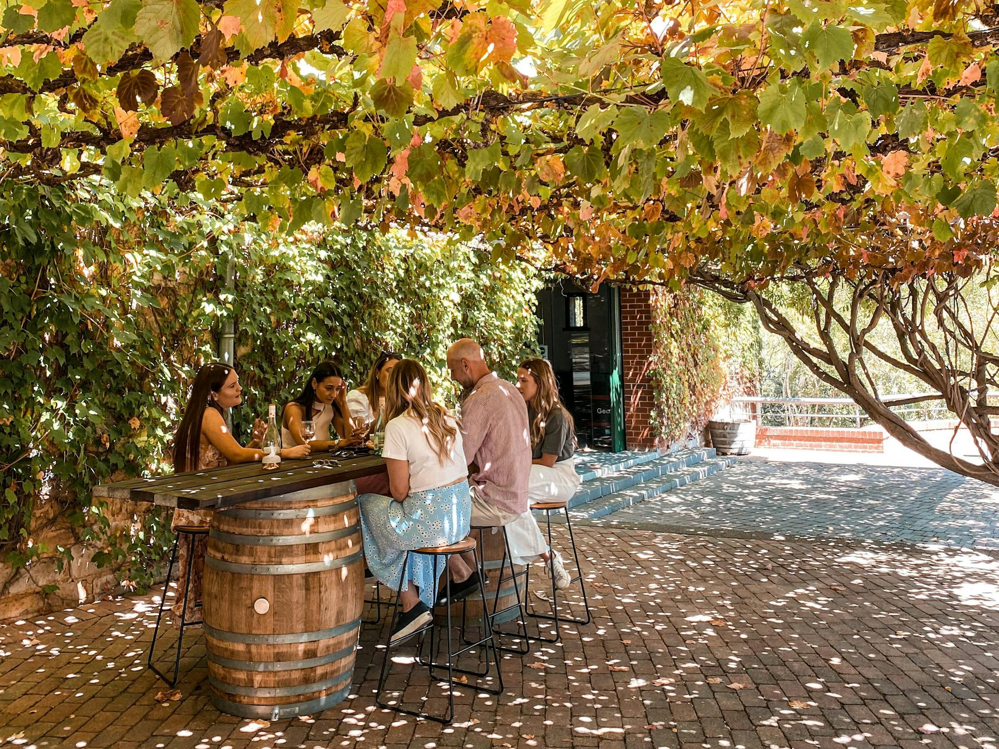 A group enjoying wine at a high table under some green and yellow vines